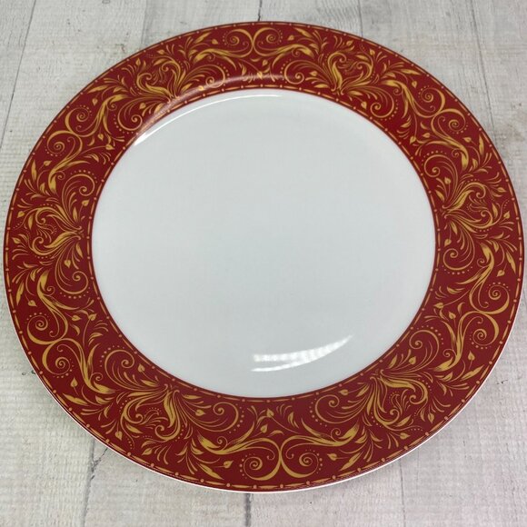 Chris Madden JC Penny MONTALIRA RED Gold Scroll Porcelain Dinner Plate Set 4 - Picture 6 of 16